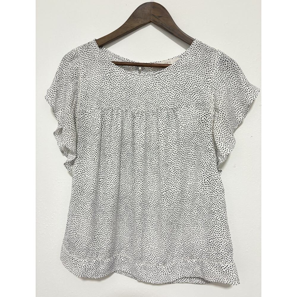 LOFT White Black Speckled Flutter Sleeve Blouse Top Size S